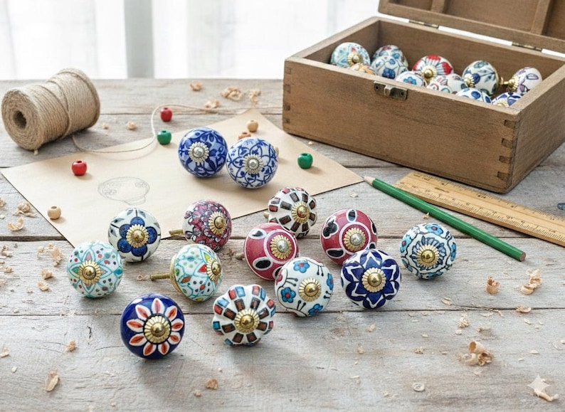 Pu&ograve; includere: Una collezione di pomelli decorativi in ceramica con vari motivi floreali e geometrici in blu, rosso, bianco e oro. Alcuni pomelli sono su una superficie di legno, altri in una scatola di legno.