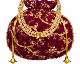 Maroon Velvet Potli Bag | Indian Wedding Bridal Clutch Purse, Festive Drawstring Handbag