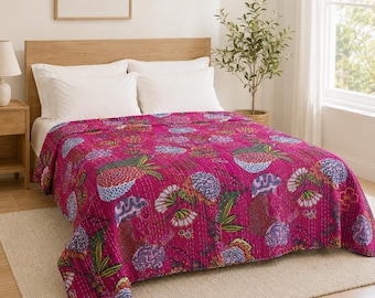 Kantha Blanket Floral Block Print Kantha Quilt, Indian Handmade Cotton Bedspread Throw, Art Quilt Blanket, Boho Bedding Home Decor Gift
