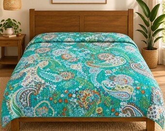 Turquoise Paisley katoenen Kantha sprei, Queen 90x108 inch, handgemaakte decoratieve bloemensprei