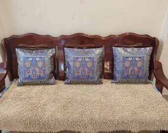 Kussenhoes blauwe olifant, set van 3, Indiase brokaat sierkussenhoezen 16 x 16, luxe jacquard bankdecor kussenset