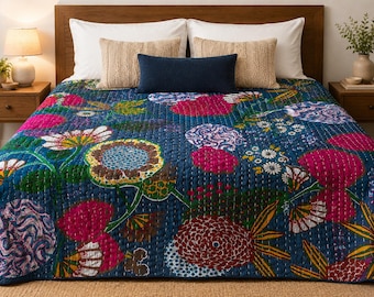 Blue Floral Kantha Quilt Handmade Cotton Blanket Vintage Indian Kantha Throw Queen & Twin Bedspread Reversible Quilt Gift