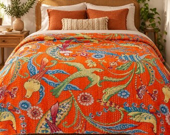 Oranje katoenen Kantha-quilt met vogel- en bloemenmotief, handgestikt dekbedovertrek voor een tweepersoonsbed (Queen size), 90 x 108 inch (Boho-stijl).