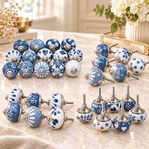 May include: A collection of round ceramic cabinet knobs featuring various blue and white patterns, including floral, polka dot, and geometric designs. Each knob has a silver-toned metal base and a threaded bolt for installation on furniture.
