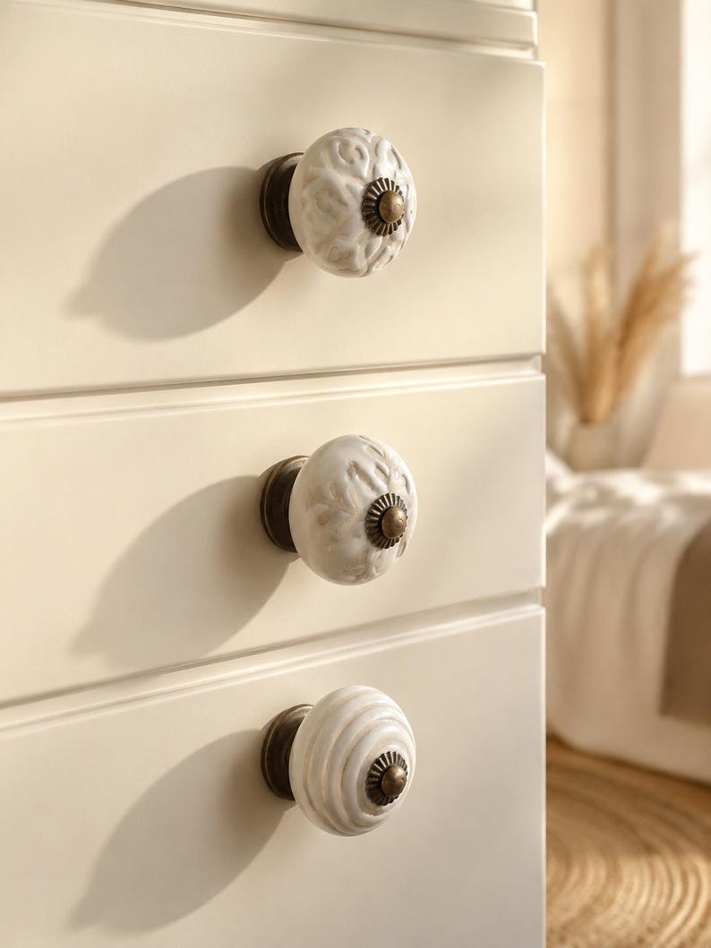 May include: Three round ceramic drawer knobs attached to a cream-coloured cabinet. Each knob features a white surface with embossed patterns and a dark bronze-toned metal base and centre cap. The top two knobs have floral motifs, while the bottom knob has concentric circular ridges.