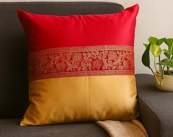 Boho Farmhouse Cushion Cover Vintage Pillow Cover Handmade Red and Gold Cushion Cover Brocade Floral Border Throw Pillow Indian Home Decor