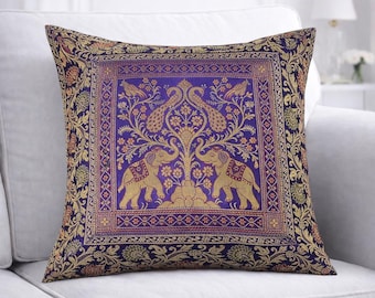 Purple Gold Elephant Pillow Cover 16x16 Satin Silk Peacock Cushion Indian Decorative Throw Pillow Boho Sofa Living Room Decor Home Decor,