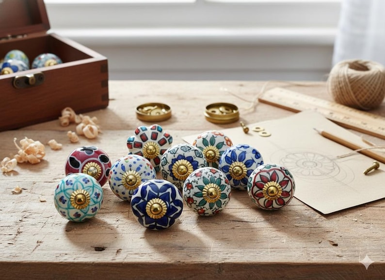 Pu&ograve; includere: Una collezione di pomelli decorativi in ceramica con disegni floreali in vari colori, tra cui blu, rosso e verde. Ogni pomello ha una base color oro. I pomelli sono disposti su una superficie di legno.