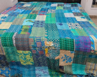 Blue Green Silk Kantha Quilt, Handmade Patchwork Bedspread, Reversible Indian Sari Blanket, Boho Bedding, Colorful Vintage Throw Gift