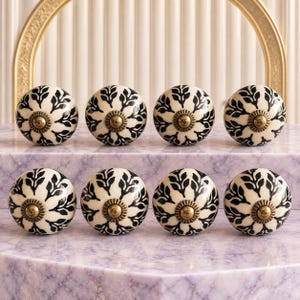 Ceramic Cabinet Knobs Set of 8, Black Botanical Drawer Handles, Cream Floral Dresser Pulls, Antique Brass Cupboard Kitchen Hardware
