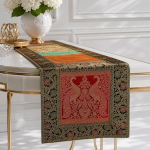 Camino de mesa de lujo de seda brocada, jacquard tejido con retazos surtidos, decoración para mesa de comedor, centro de mesa floral de pavo real, acento para bodas y hogar, 60x16