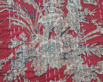 Red Floral Kantha Quilt Twin 90x60 Inch, Hand Stitched Reversible Bedspread, Lightweight Boho Bedding, Sofa Throw, Bedroom Decor
