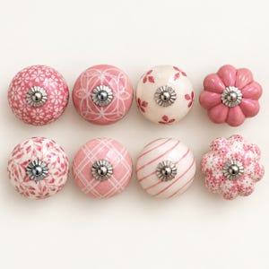 Pink Floral Ceramic Cabinet Knobs, Handmade Decorative Drawer Pulls for Dressers, Cupboards and Wardrobes