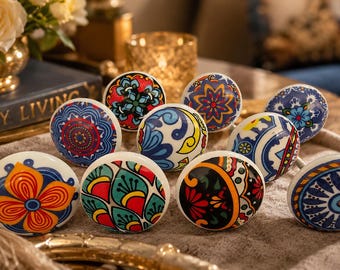 Set of 10 Handmade Ceramic Cabinet Knobs Vintage Drawer Pulls Antique Kitchen Cabinet Hardware Colorful Dresser Boho Furniture Decor Home