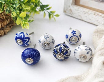 Boho Blue Ceramic Knobs for Cabinets, Vintage Floral Drawer Handles, Handmade Furniture Knobs, Rustic Kitchen Cabinet Hardware (Set of 6/12)