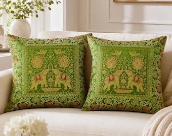 Set of 2 Green Elephant Peacock Brocade Cushion Covers, Indian Jacquard Throw Pillow Cases, Boho Luxury Sofa Decor