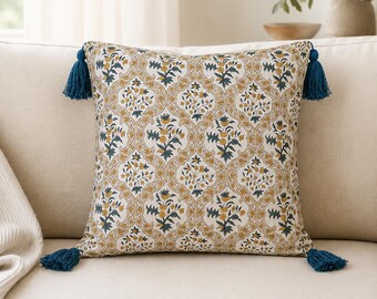 Blue Floral Tassel Cushion Cover Mustard Cotton Throw Pillow Patina Colour Boho Sofa Bedroom Decor 40x40 45x45 cm Printed Home Accent