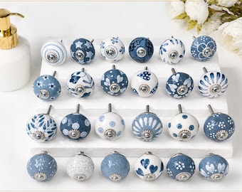 Puxadores de gaveta exclusivos em cerâmica azul pintada à mão com estilo vintage, puxadores florais para armários, decoração para casa.