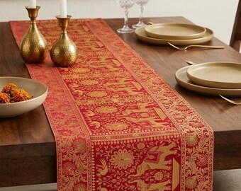 Red Brocade Silk Table Runner, Indian Elephant Festive Dining Decor