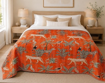Orange Jungle Safari Kantha Quilt Cotton Bedspread Handmade Animal Print Reversible Indian Quilt Lightweight Bedding Throw Blanket Queen