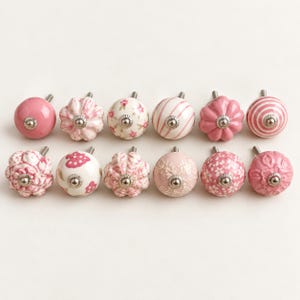 Pink Ceramic Cabinet Knobs, Set of 6 Assorted Designs, Decorative Drawer Pulls for Dressers, Cupboards and Wardrobes
