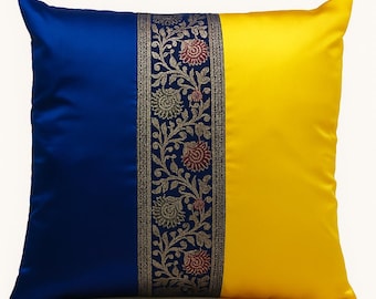 Yellow Blue Satin Cushion Cover, Indian Brocade Pillow Cover, Decorative Throw Pillow 16x16, Luxury Spring Home Decor