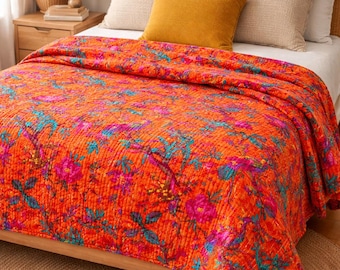 Handmade Orange Kantha Quilt 90x108 Cotton Bedspread Floral Bird Print Boho Bedding Vintage Indian Quilt Throw