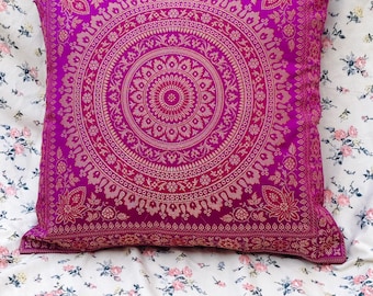 Purple Mandala Pillow Cover 16x16, Indian Silk Brocade Cushion Cover, Boho Decorative Throw Pillow for Sofa and Bedroom
