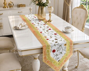 White Floral Embroidered Table Runner Luxury Brocade Silk 14x72 Dining Room Decor Coffee Table Runner Wedding Centerpiece Gift