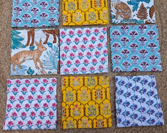 Servilletas de algodón estampadas a mano con bloques, servilletas de tela reutilizables para la mesa, mantelería ecológica con estampado floral surtido (juego de 6 a 100 unidades, varios tamaños).