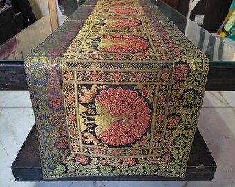 Black Gold Brocade Table Runner, Banarasi Art Silk, Indian Wedding Decor, 16x60 Inches