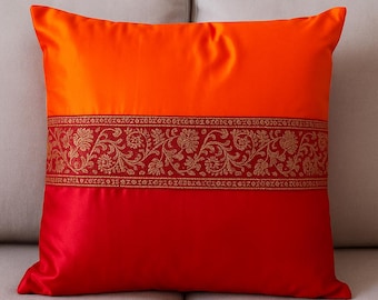 Orange Red Silk Cushion Cover 16x16 Inch, Decorative Throw Pillow Cover, Indian Brocade Border Pillow Case, Luxury Sofa Cushion