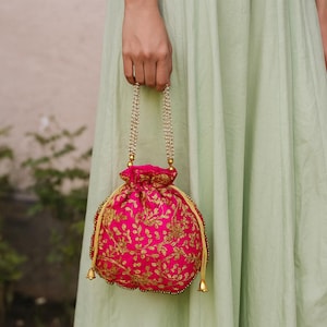 Pink Zari Potli Tasche | Braut Kordelzug Clutch Geldbörse | Indische Hochzeit Festliche ethnische Geschenktasche | Perlen Abend Accessoire