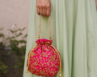 Hot Pink Zari Embroidered Potli Bag | Bridal Drawstring Clutch Purse | Indian Wedding Festive Ethnic Gift Pouch | Beaded Evening Accessory
