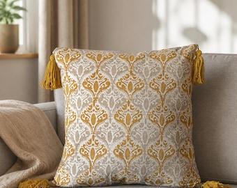 Mustard Tassel Cushion Cover Cotton Damask Print Throw Pillow Boho Farmhouse Sofa Bedroom Accent 40x40 45x45 cm Neutral Home Decor