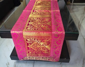 Pink Brocade Silk Table Runner, Elephant Design, Indian Decor, Wedding Dining