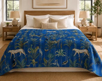 Royal Blue Forest Quilt Handmade Cotton Coverlet Twin 90x60 Queen 90x108 Nature Print Kantha Bedding Reversible Bed Cover