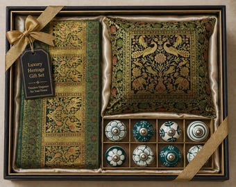 Ensemble de chemins de table indiens avec housses de coussin et boutons en céramique - Cadeau déco bohème