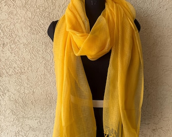Mustard Yellow Cotton Silk Scarf, Airy Summer Wrap for Women, Lightweight Bohemian Shawl, Chic Layering Accessory