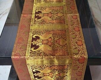 Indian Peacock Brocade Silk Table Runner, Traditional Brown Gold Dining Decor