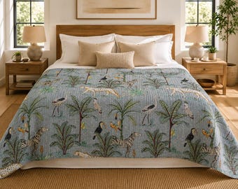 Gray Wildlife Cotton Quilt Handmade Kantha Blanket Twin 90x60 Queen 90x108 Reversible Jungle Bed Cover Indian Bedding