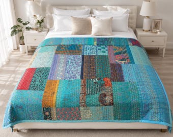 Handmade Silk Kantha Quilt Queen Twin Size Blue Patchwork Vintage Sari Bedspread Reversible Boho Bedding Indian Stitched Blanket Home Decor