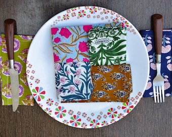 Set of 12 Cotton Handblock Print Floral Dinner Napkins (20x20) Assorted