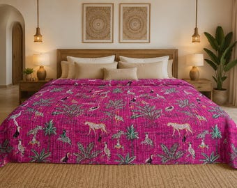 Indian Bedding Pink Jungle Kantha Quilt Handmade Cotton Quilt Boho Bedding Safari Animal Print Bedspread Reversible Indian Kantha Blanket