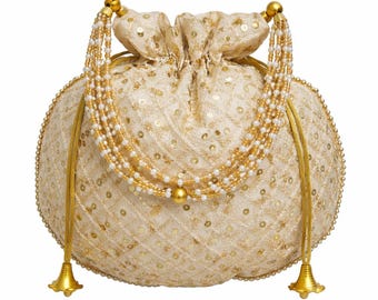 Wedding Bag Gold Embroidered Silk Potli Bag: Handmade Bridal Drawstring Pouch for Parties