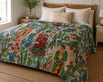 White Cotton Kantha Bedspread, Handmade Folk Art Quilt, Botanical Garden Blanket, Artisan Bed Cover, Reversible Summer Bedding, Twin & Queen