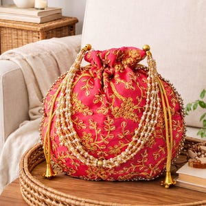 Felroze potli-tas voor Indiase bruiloft, bruids clutch portemonnee, Zari geborduurd zakje met trekkoord, Mehndi Haldi gunst tas, cadeau bruidsmeisje