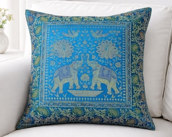 Luxury Blue Elephant Silk Cushion Cover 16x16 In Handmade Indian Brocade Pillow Cover Boho Decorative Throw Pillow Case Vintage Sofa Cushion