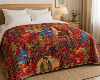 Red Cotton Quilts Handmade Boho Floral Patchwork Bedspread, Reversible Kantha Quilt Frida Inspired Bedding Farmhouse Bedroom Decor Queen