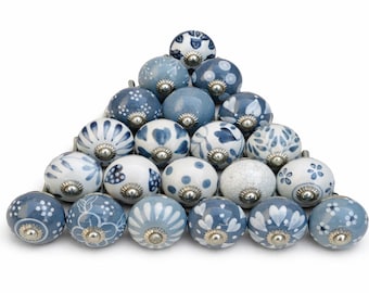 Puxadores de gaveta de cerâmica azul com estampa floral pintada à mão, estilo vintage, para armários de cozinha e cômodas. Decoração para casa.